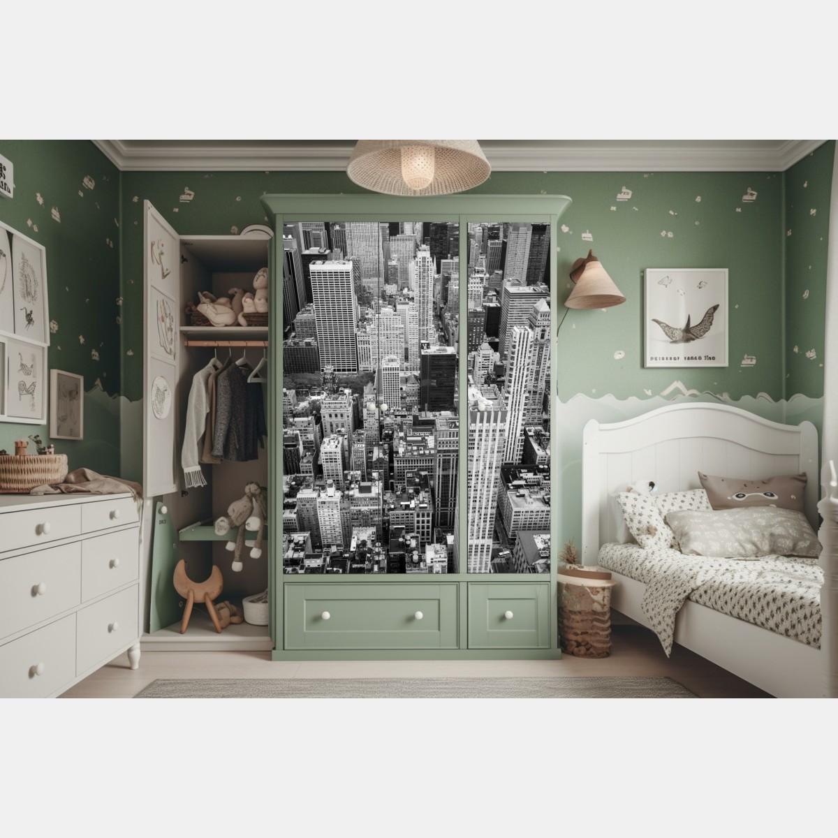 Naklejka na szafę czarno-biała panorama miasta – Wallissimo® Naklejka na szafę czarno-biała panorama miasta – Wallissimo®