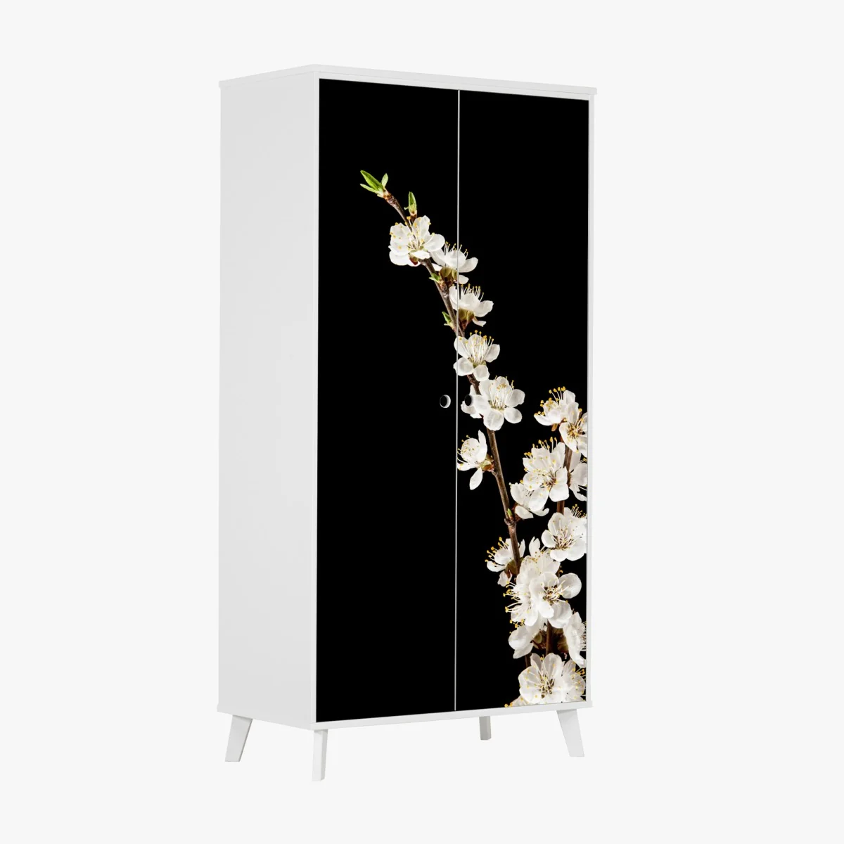 Naklejka na szafę delikatna gałązka kwitnącej moreli na czarnym tle – Wallissimo® Naklejka na szafę delikatna gałązka kwitnącej moreli na czarnym tle – Wallissimo®