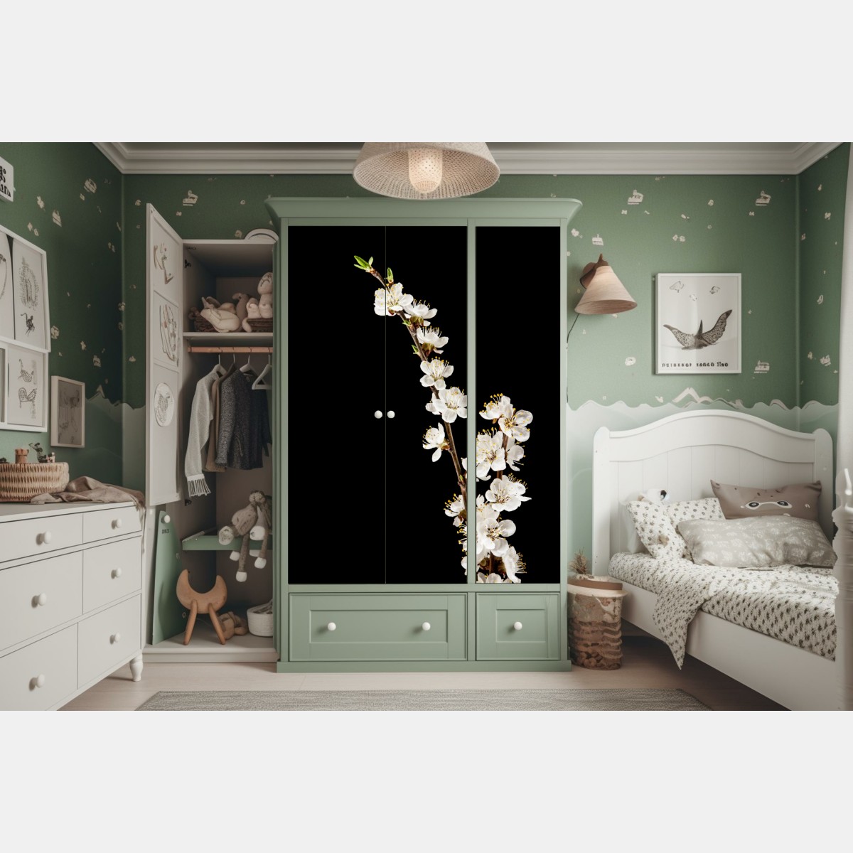 Naklejka na szafę delikatna gałązka kwitnącej moreli na czarnym tle – Wallissimo® Naklejka na szafę delikatna gałązka kwitnącej moreli na czarnym tle – Wallissimo®