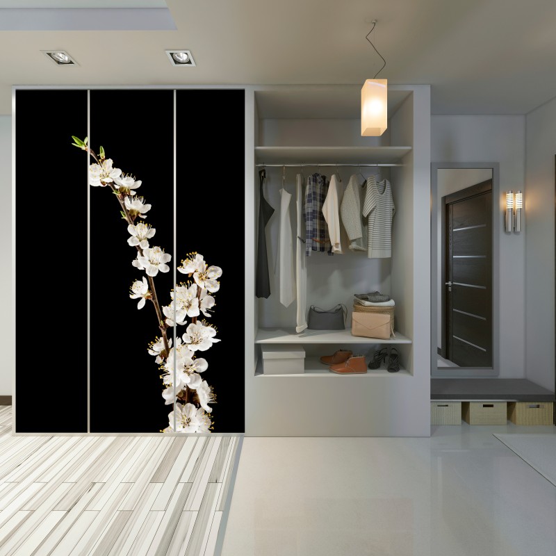 Naklejka na szafę delikatna gałązka kwitnącej moreli na czarnym tle – Wallissimo® Naklejka na szafę delikatna gałązka kwitnącej moreli na czarnym tle – Wallissimo®