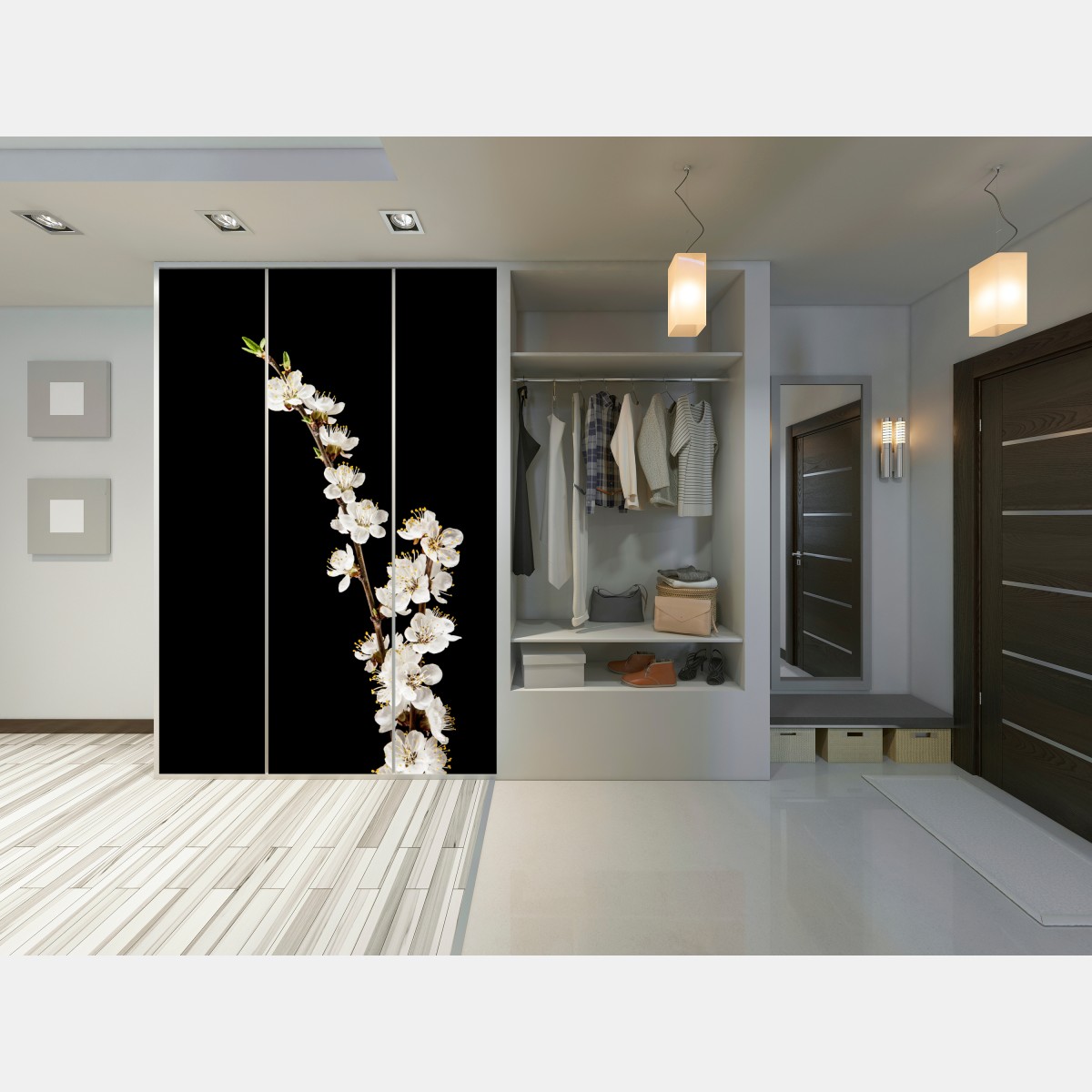 Naklejka na szafę delikatna gałązka kwitnącej moreli na czarnym tle – Wallissimo® Naklejka na szafę delikatna gałązka kwitnącej moreli na czarnym tle – Wallissimo®