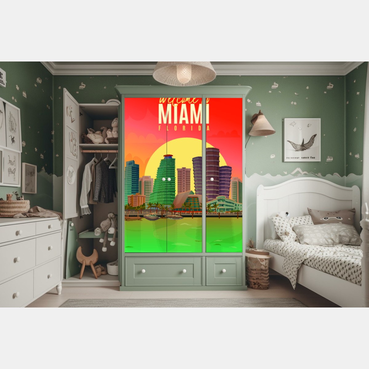 Naklejka na szafę Miami panorama zachodu słońca – Wallissimo® Naklejka na szafę Miami panorama zachodu słońca – Wallissimo®