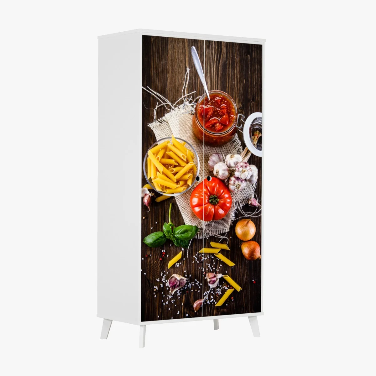 Naklejka na szafę rustykalne włoskie składniki do makaronu – Wallissimo® Naklejka na szafę rustykalne włoskie składniki do makaronu – Wallissimo®