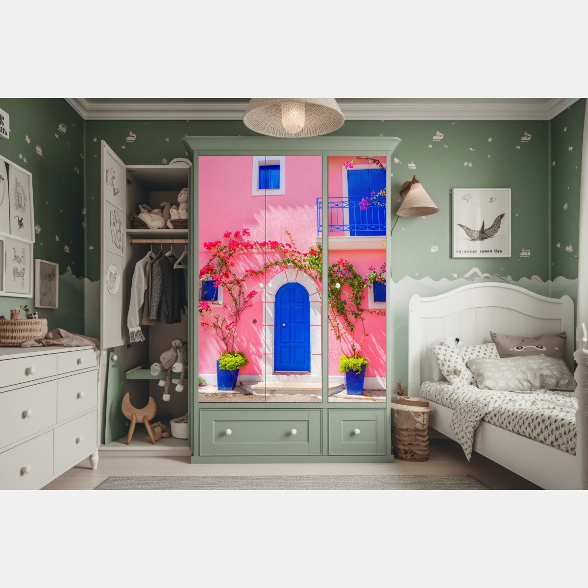 Naklejka na szafę intensywna różowa fasada z niebieskimi drzwiami – Wallissimo® Naklejka na szafę intensywna różowa fasada z niebieskimi drzwiami – Wallissimo®