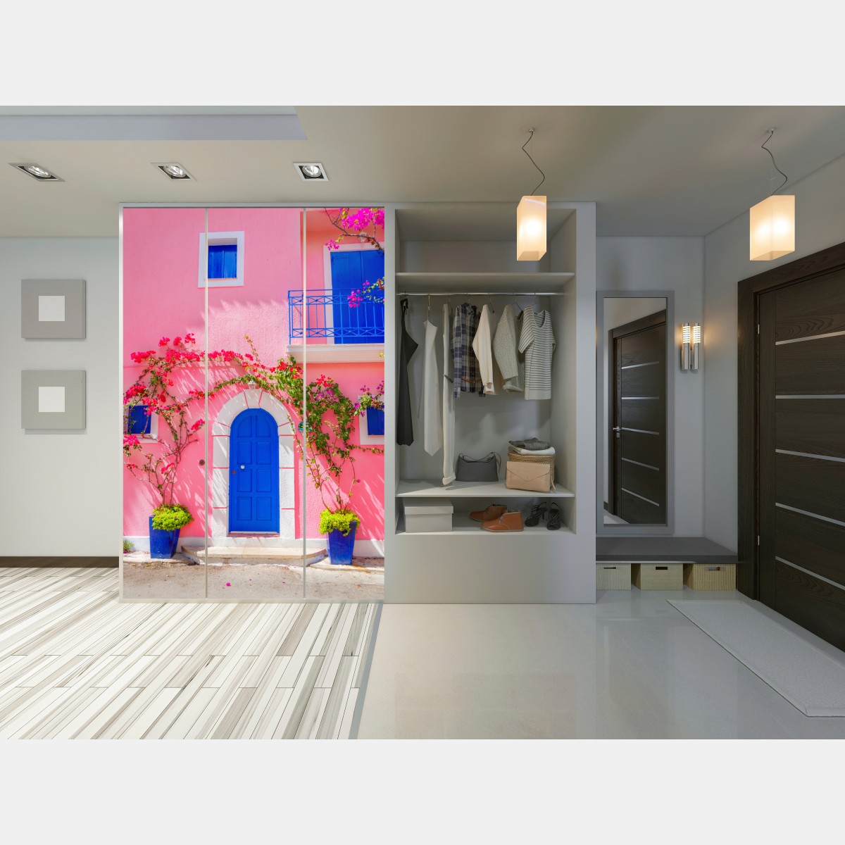 Naklejka na szafę intensywna różowa fasada z niebieskimi drzwiami – Wallissimo® Naklejka na szafę intensywna różowa fasada z niebieskimi drzwiami – Wallissimo®