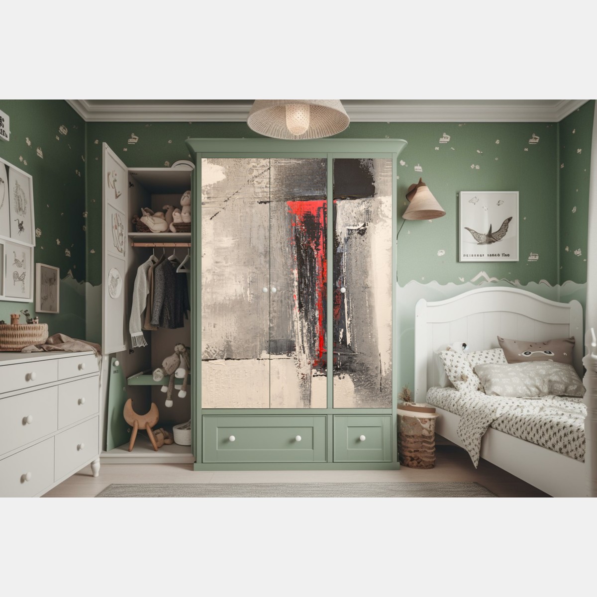 Naklejka na szafę teksturalna abstrakcja z czerwonym akcentem – Wallissimo® Naklejka na szafę teksturalna abstrakcja z czerwonym akcentem – Wallissimo®