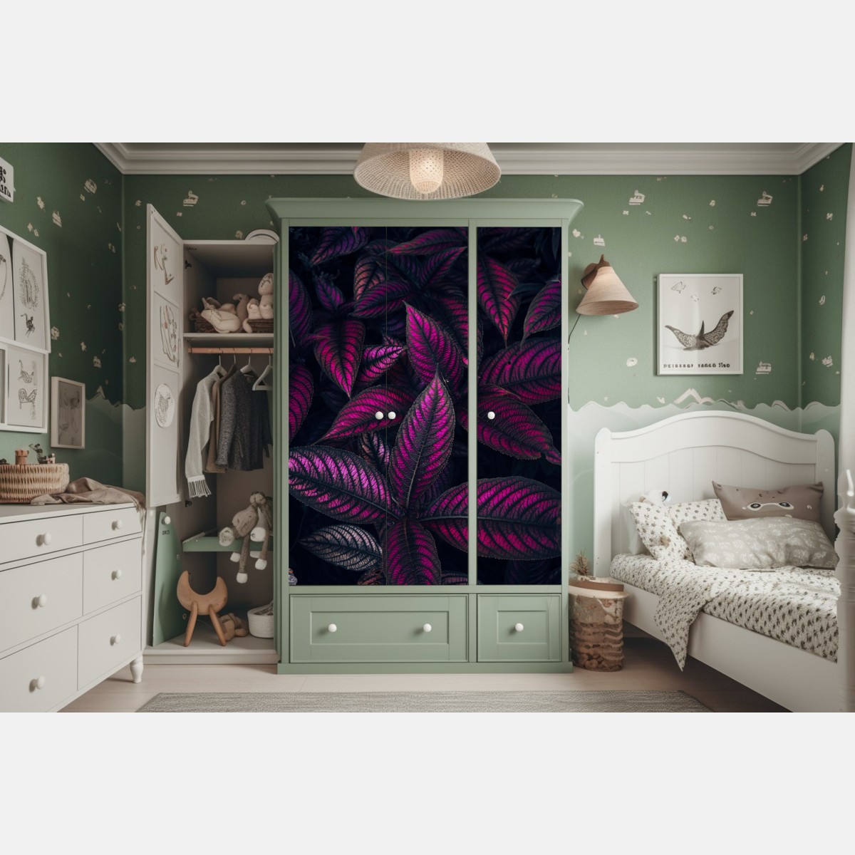 Naklejka na szafę intensywny fioletowy wzór liści – Wallissimo® Naklejka na szafę intensywny fioletowy wzór liści – Wallissimo®