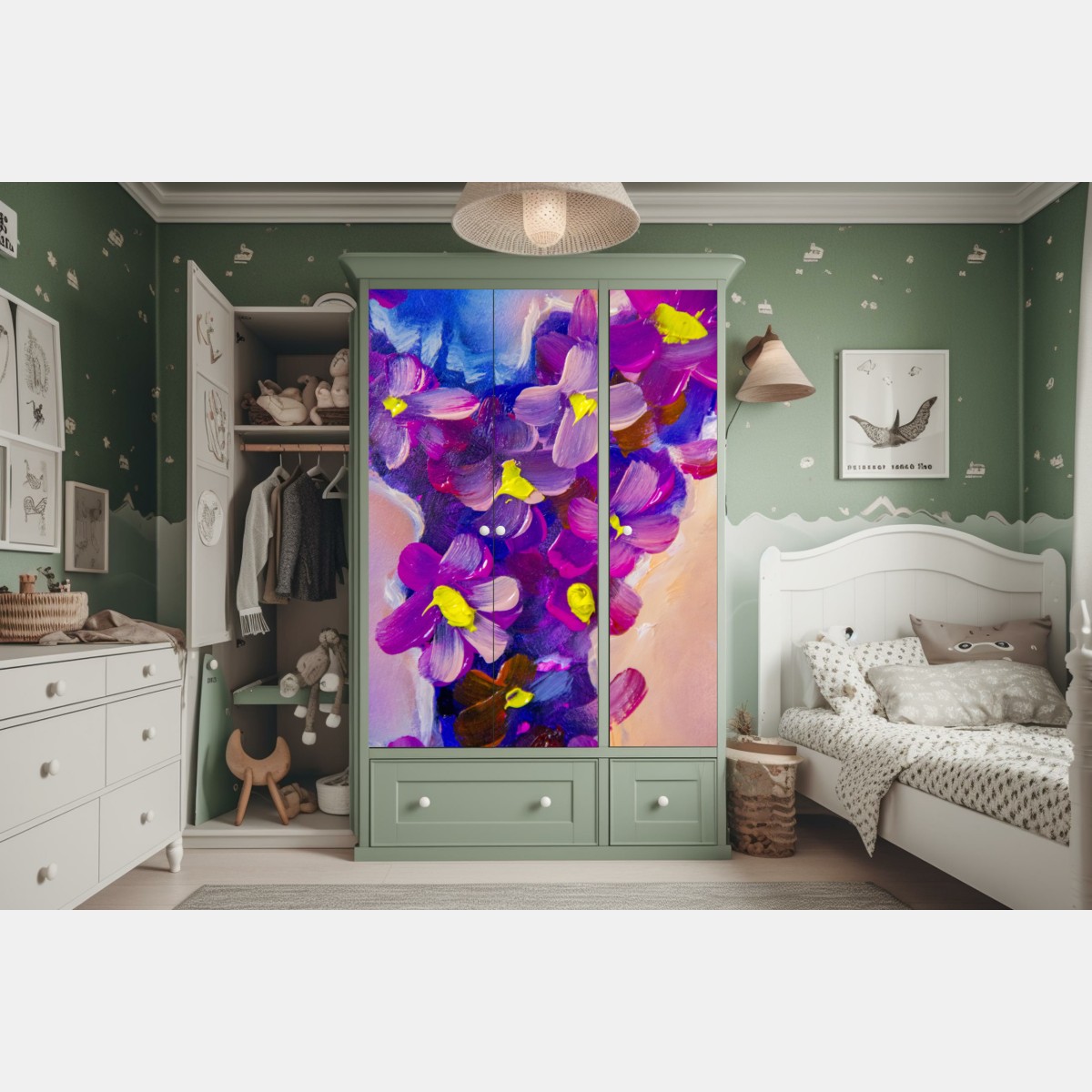 Naklejka na szafę wibrujący fioletowy bukiet kwiatów – Wallissimo® Naklejka na szafę wibrujący fioletowy bukiet kwiatów – Wallissimo®