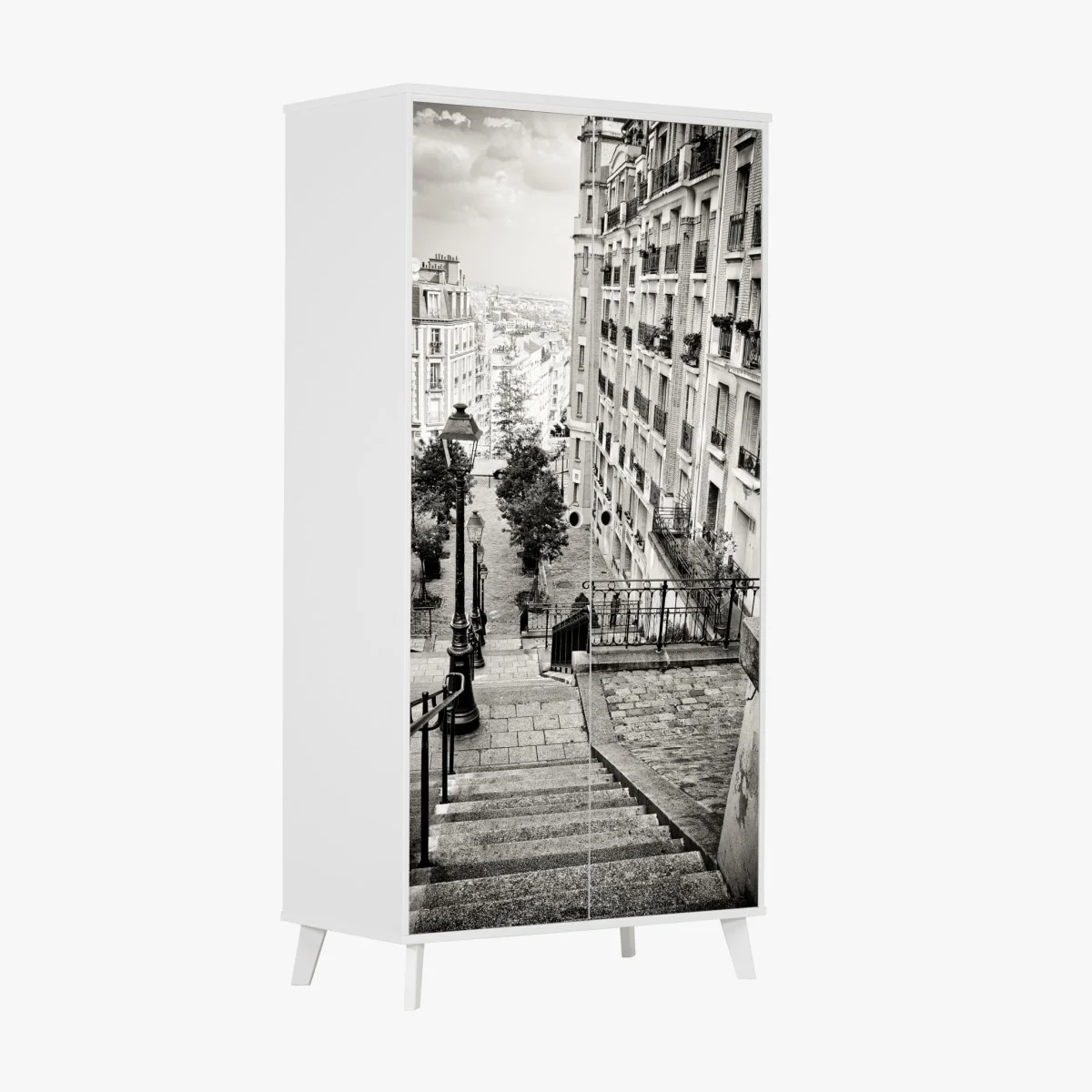 Naklejka na szafę paryskie schody w monochromie – Wallissimo® Naklejka na szafę paryskie schody w monochromie – Wallissimo®