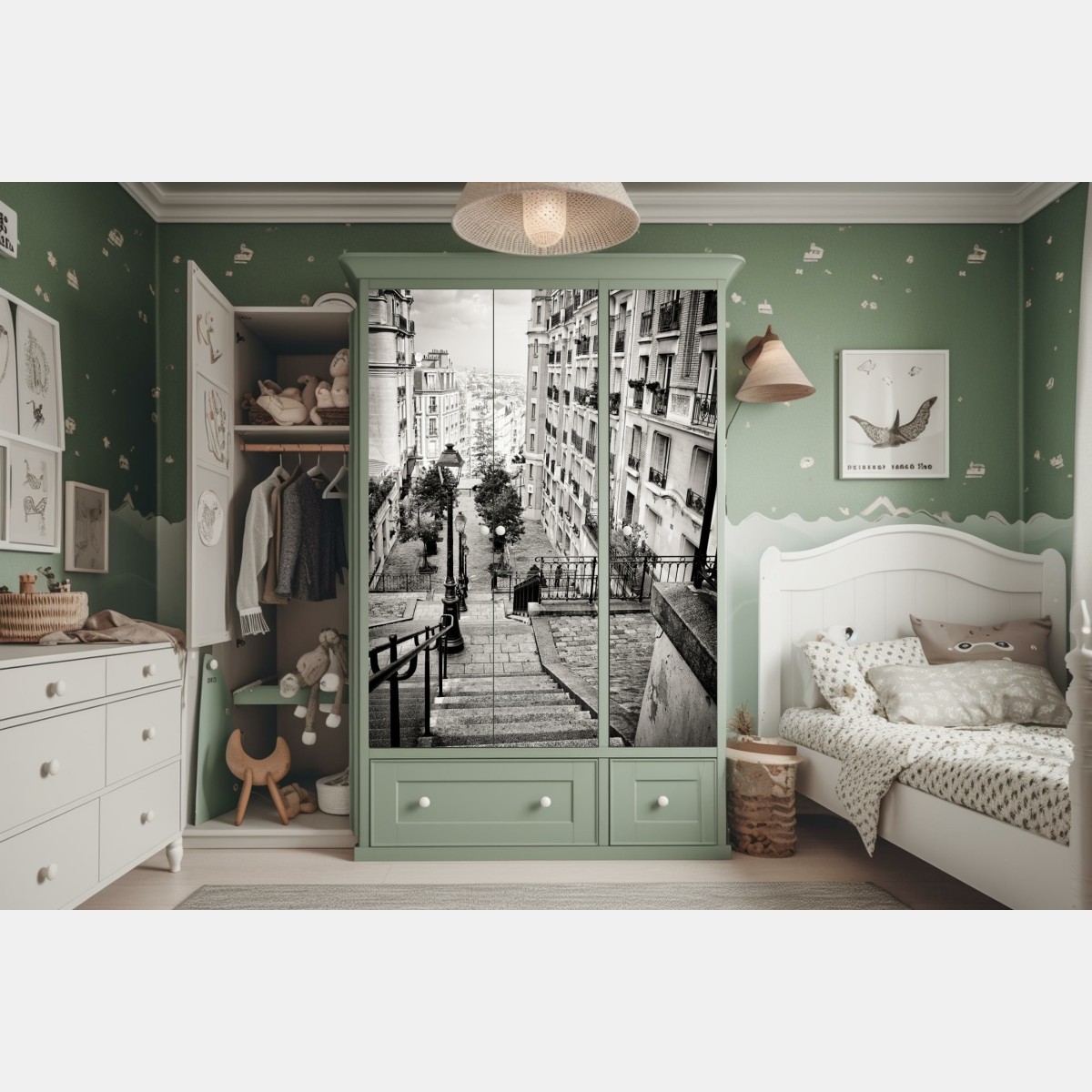 Naklejka na szafę paryskie schody w monochromie – Wallissimo® Naklejka na szafę paryskie schody w monochromie – Wallissimo®