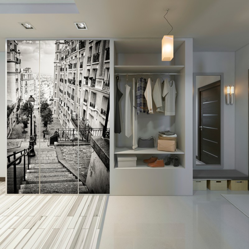 Naklejka na szafę paryskie schody w monochromie – Wallissimo® Naklejka na szafę paryskie schody w monochromie – Wallissimo®