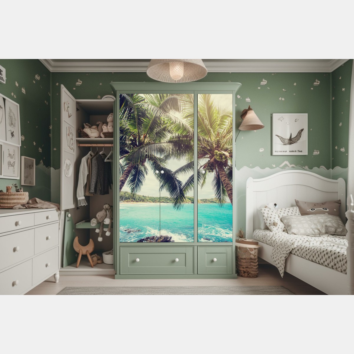 Naklejka na szafę tropikalne palmy kokosowe nad turkusowym morzem – Wallissimo® Naklejka na szafę tropikalne palmy kokosowe nad turkusowym morzem – Wallissimo®