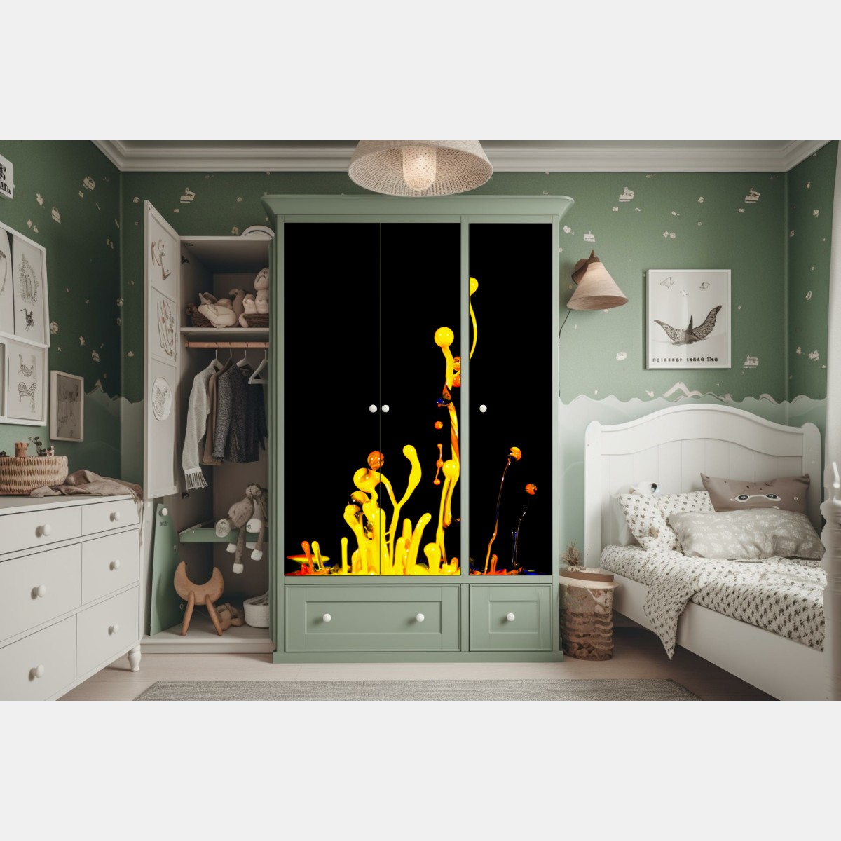 Naklejka na szafę intensywny żółty rozbryzg farby na czarnym tle – Wallissimo® Naklejka na szafę intensywny żółty rozbryzg farby na czarnym tle – Wallissimo®