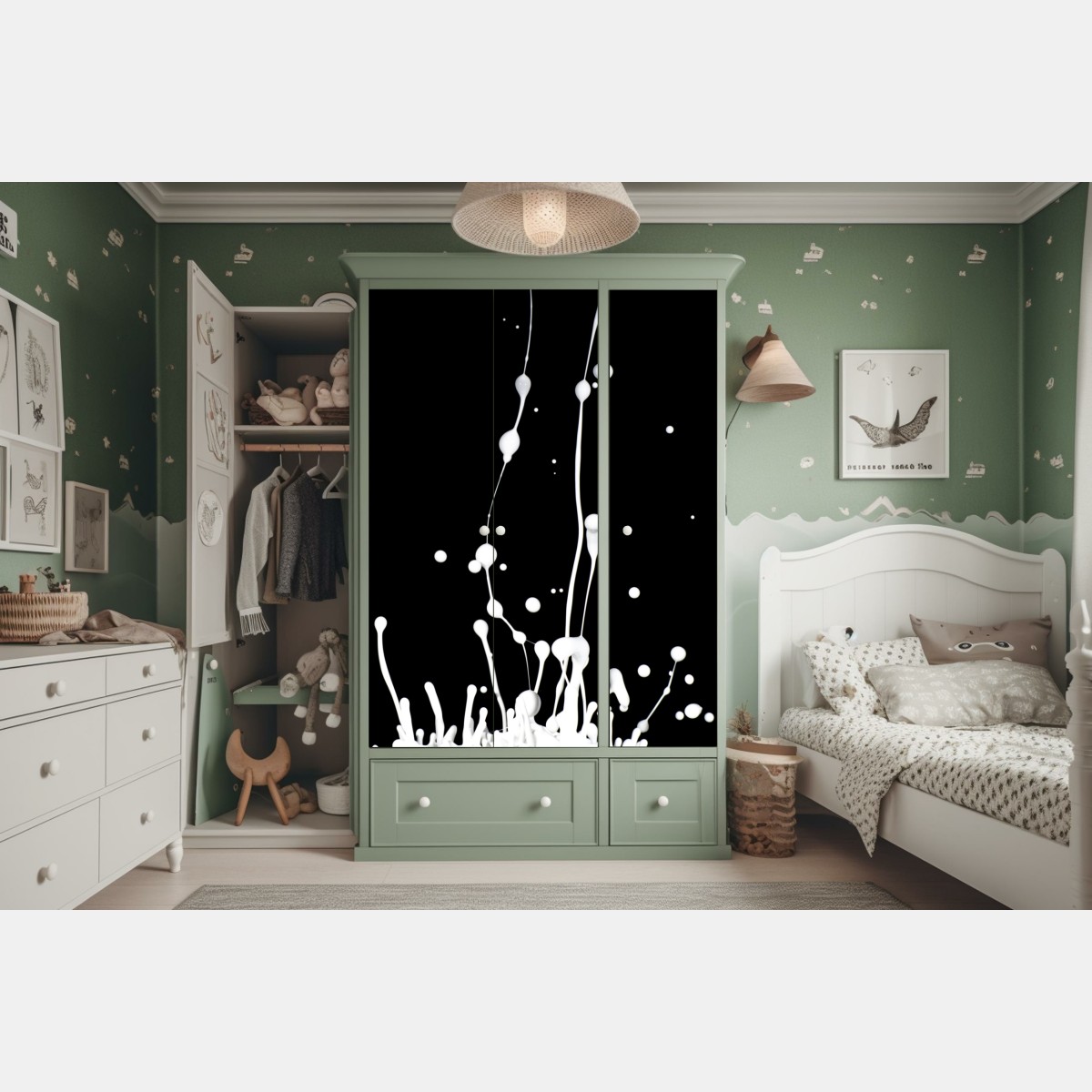 Naklejka na szafę biały rozprysk na czarnym tle – Wallissimo® Naklejka na szafę biały rozprysk na czarnym tle – Wallissimo®