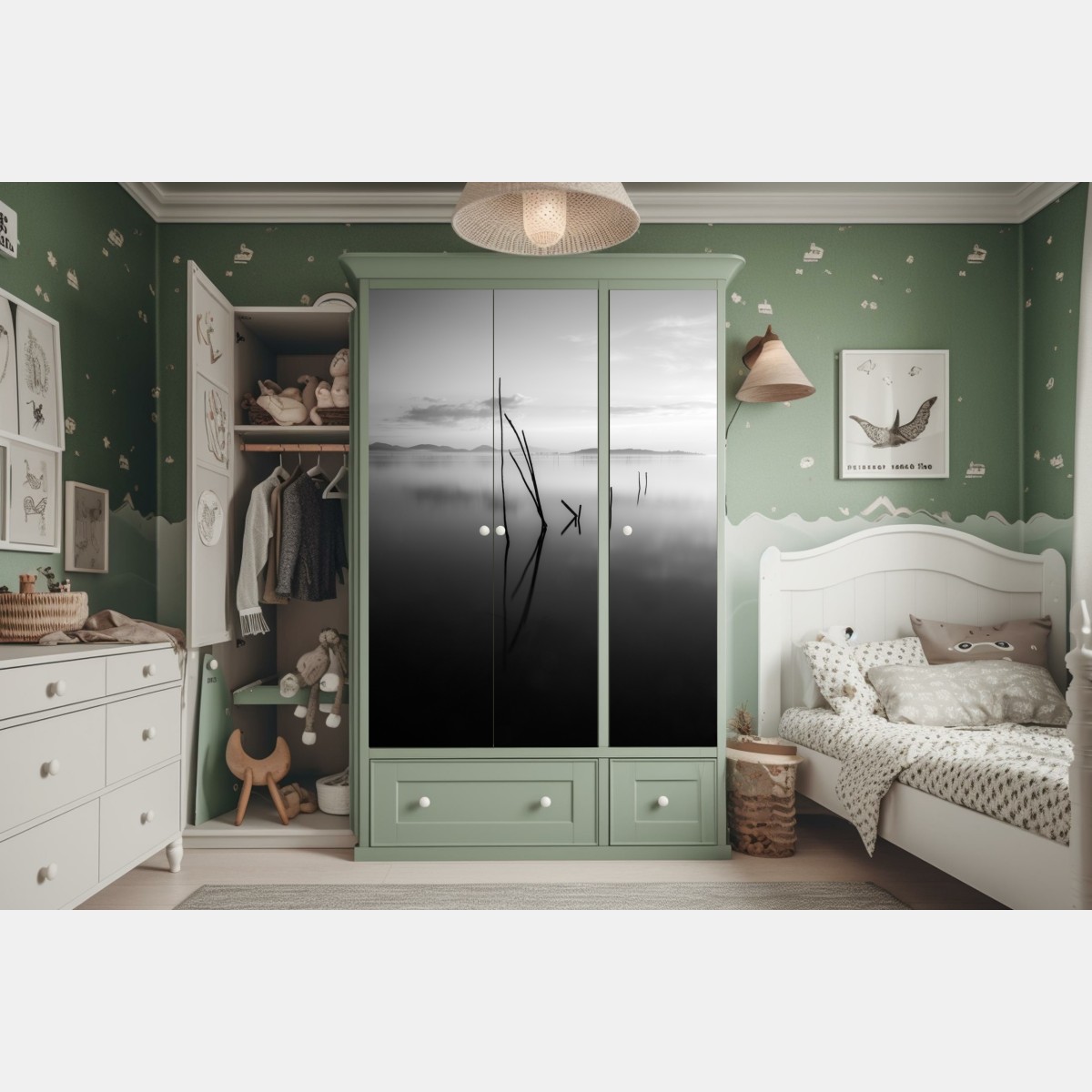 Naklejka na szafę spokojne monochromatyczne jezioro z odbiciami – Wallissimo® Naklejka na szafę spokojne monochromatyczne jezioro z odbiciami – Wallissimo®