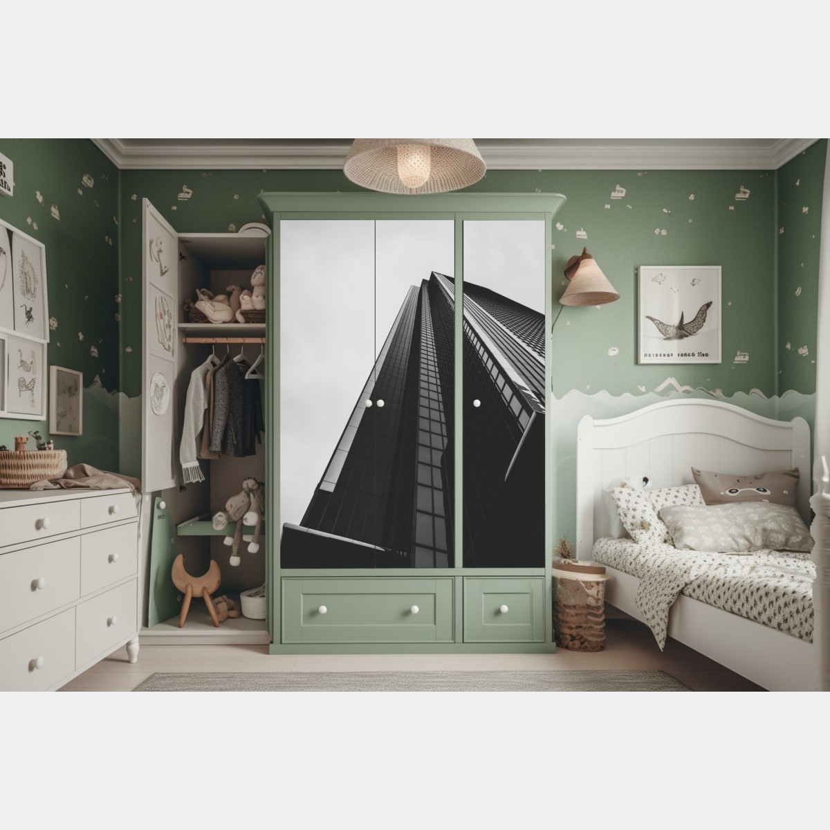 Naklejka na szafę monochromatyczny wieżowiec w perspektywie – Wallissimo® Naklejka na szafę monochromatyczny wieżowiec w perspektywie – Wallissimo®