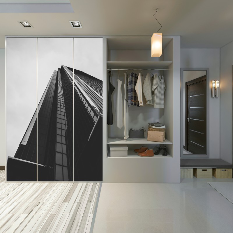 Naklejka na szafę monochromatyczny wieżowiec w perspektywie – Wallissimo® Naklejka na szafę monochromatyczny wieżowiec w perspektywie – Wallissimo®