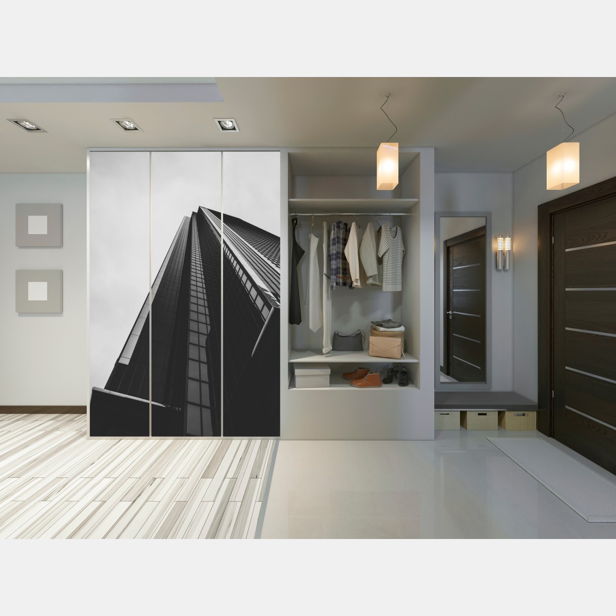 Naklejka na szafę monochromatyczny wieżowiec w perspektywie – Wallissimo® Naklejka na szafę monochromatyczny wieżowiec w perspektywie – Wallissimo®