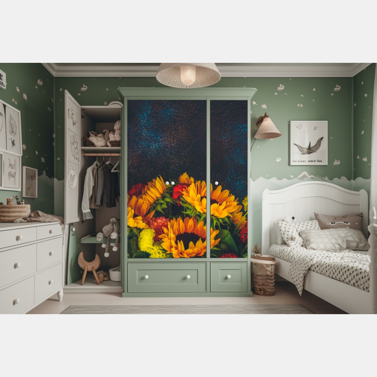 Naklejka na szafę żywy bukiet słoneczników na ciemnym tle – Wallissimo® Naklejka na szafę żywy bukiet słoneczników na ciemnym tle – Wallissimo®