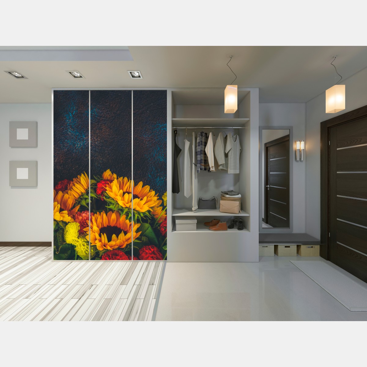 Naklejka na szafę żywy bukiet słoneczników na ciemnym tle – Wallissimo® Naklejka na szafę żywy bukiet słoneczników na ciemnym tle – Wallissimo®