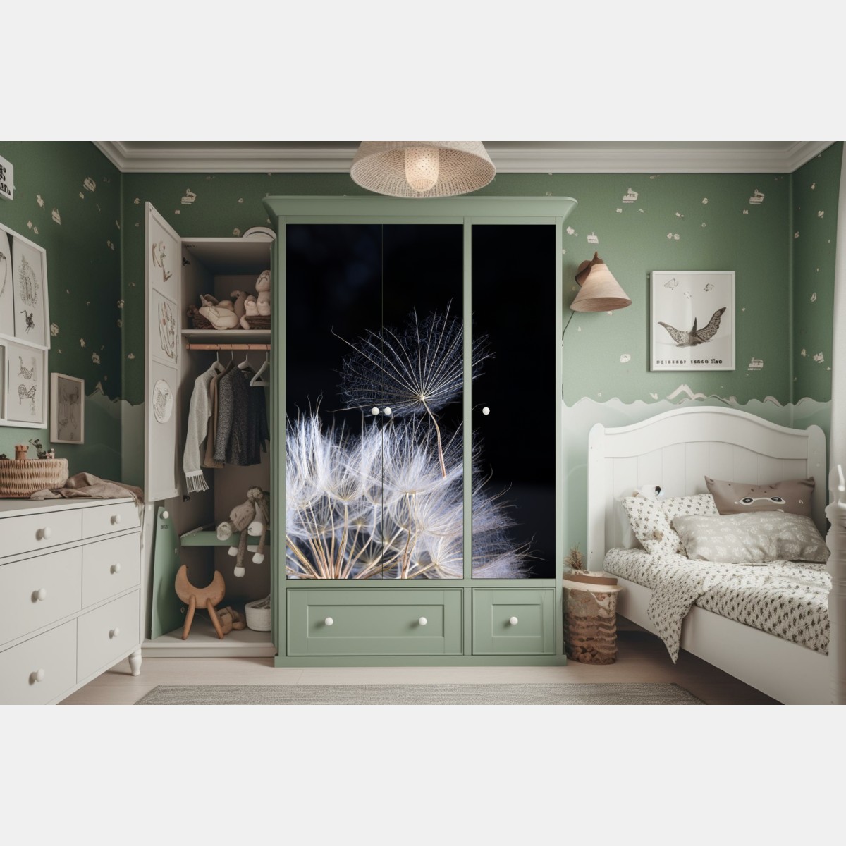 Naklejka na szafę delikatne ziarno mniszka na czarnym tle – Wallissimo® Naklejka na szafę delikatne ziarno mniszka na czarnym tle – Wallissimo®