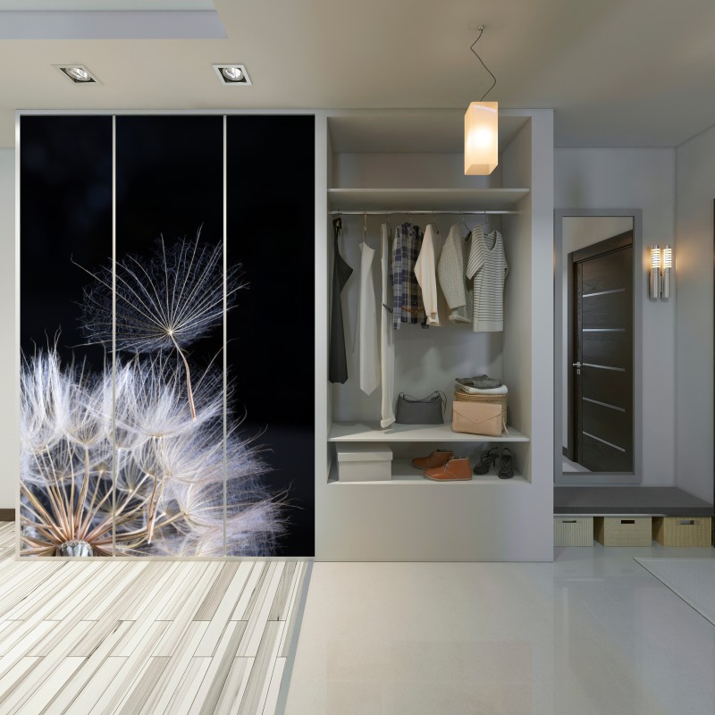 Naklejka na szafę delikatne ziarno mniszka na czarnym tle – Wallissimo® Naklejka na szafę delikatne ziarno mniszka na czarnym tle – Wallissimo®