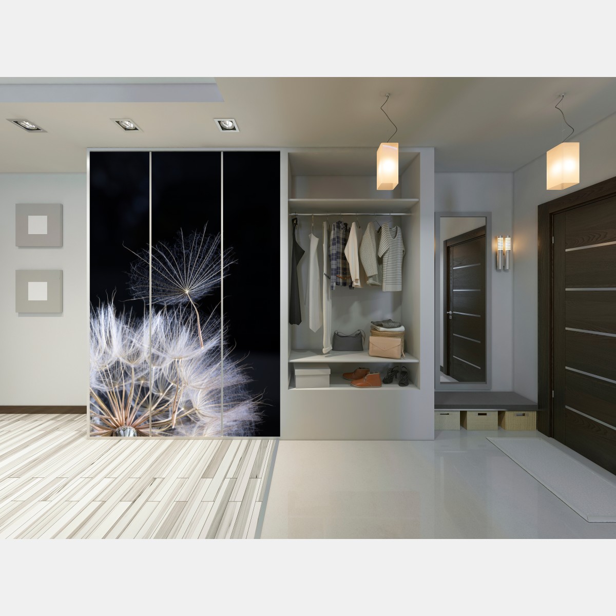 Naklejka na szafę delikatne ziarno mniszka na czarnym tle – Wallissimo® Naklejka na szafę delikatne ziarno mniszka na czarnym tle – Wallissimo®