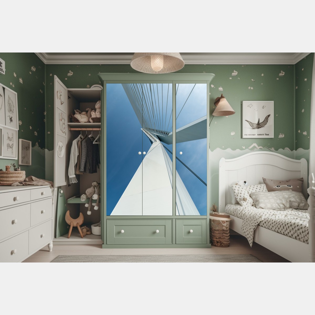 Naklejka na szafę wznoszące się linie: nowoczesny pylon mostu – Wallissimo® Naklejka na szafę wznoszące się linie: nowoczesny pylon mostu – Wallissimo®