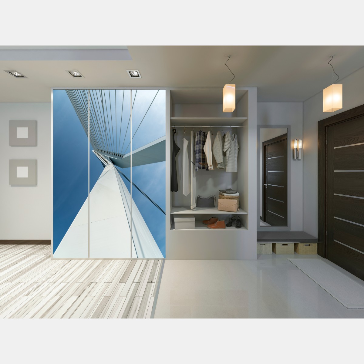 Naklejka na szafę wznoszące się linie: nowoczesny pylon mostu – Wallissimo® Naklejka na szafę wznoszące się linie: nowoczesny pylon mostu – Wallissimo®