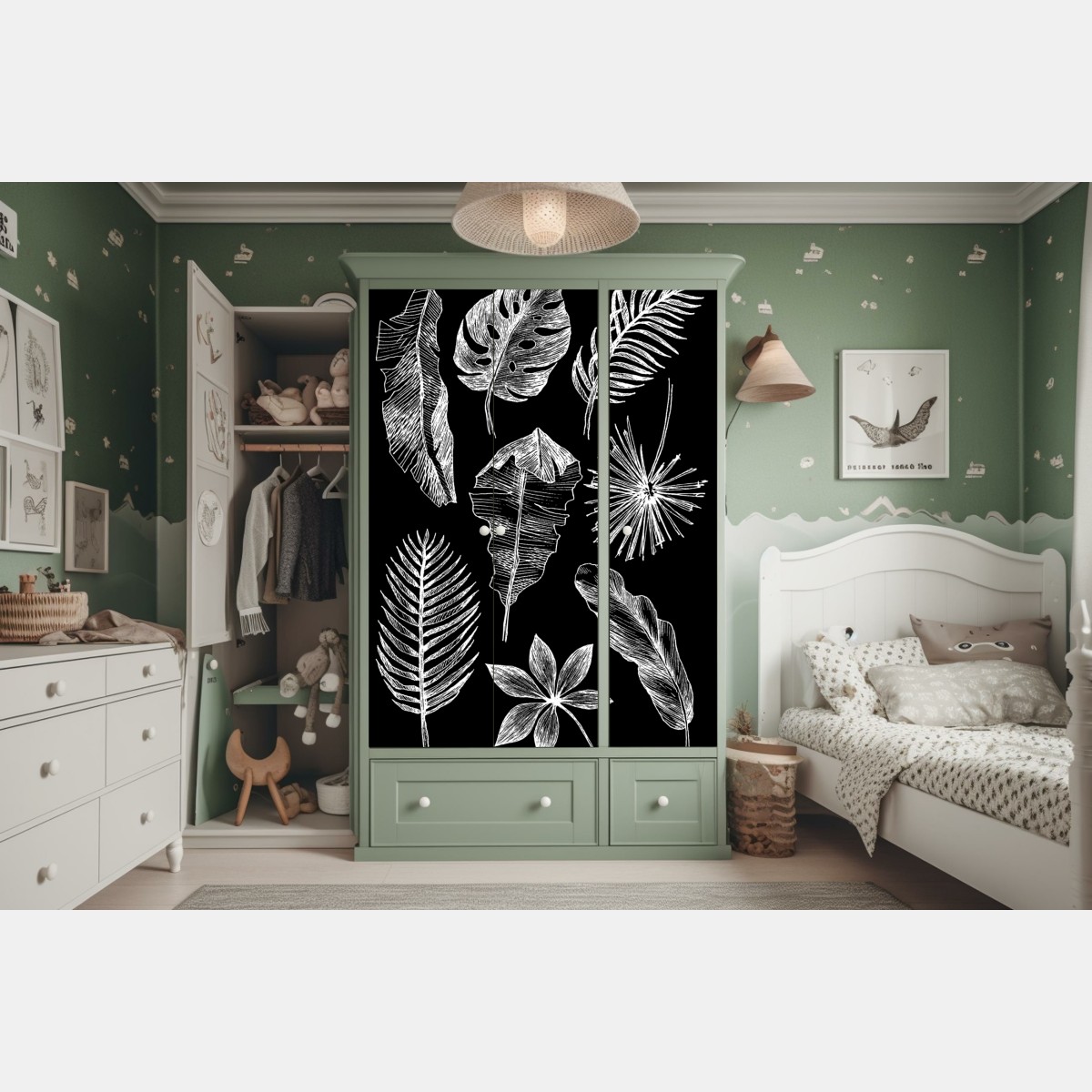 Naklejka na szafę monochromatyczna kompozycja liści – Wallissimo® Naklejka na szafę monochromatyczna kompozycja liści – Wallissimo®