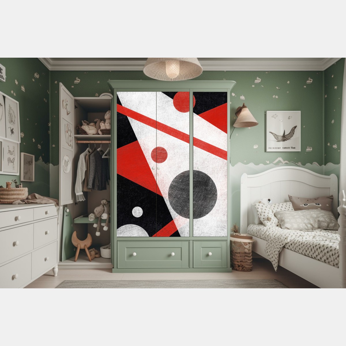 Naklejka na szafę geometryczna abstrakcja w czerwieni i czerni – Wallissimo® Naklejka na szafę geometryczna abstrakcja w czerwieni i czerni – Wallissimo®