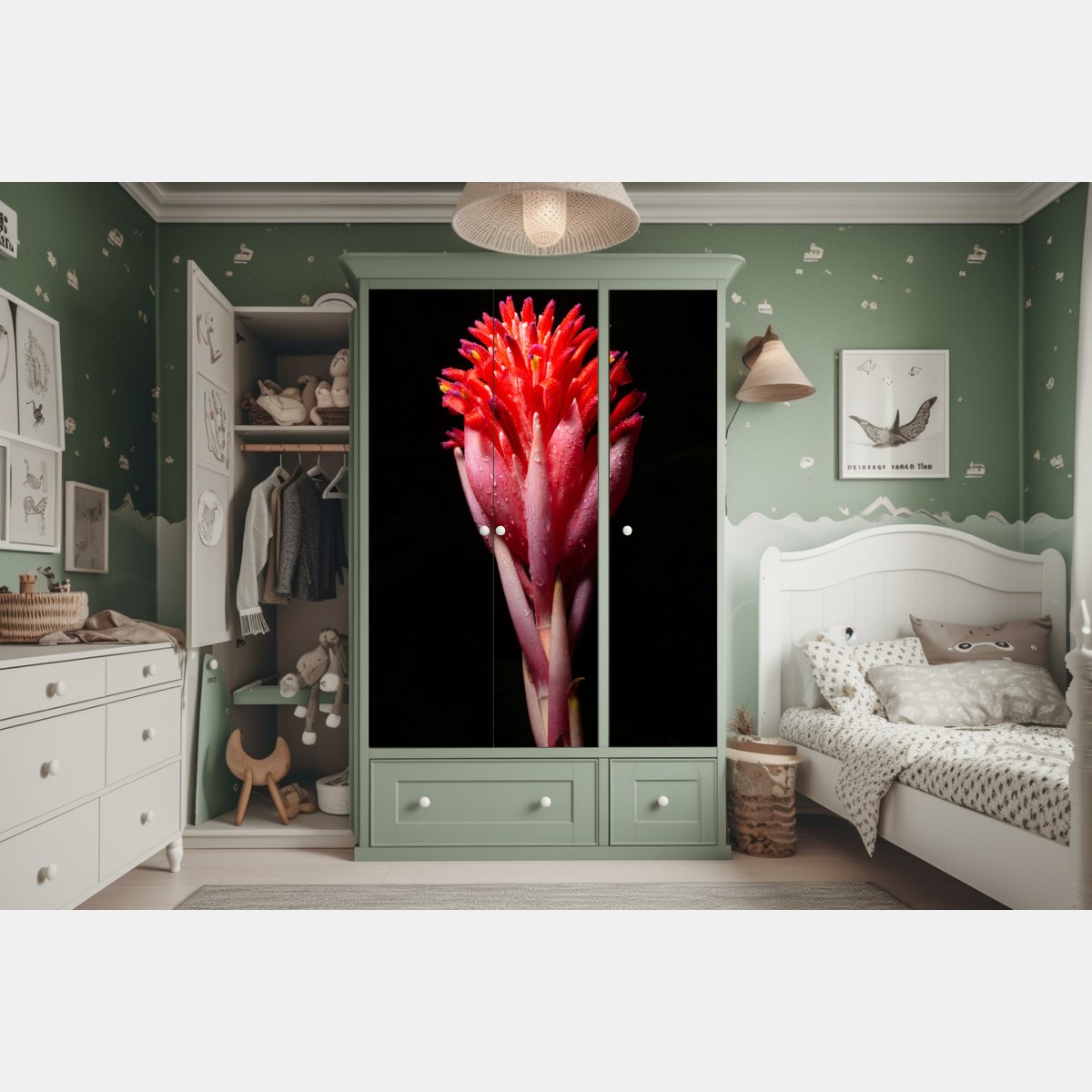 Naklejka na szafę intensywny różowy kwiat na czarnym tle – Wallissimo® Naklejka na szafę intensywny różowy kwiat na czarnym tle – Wallissimo®