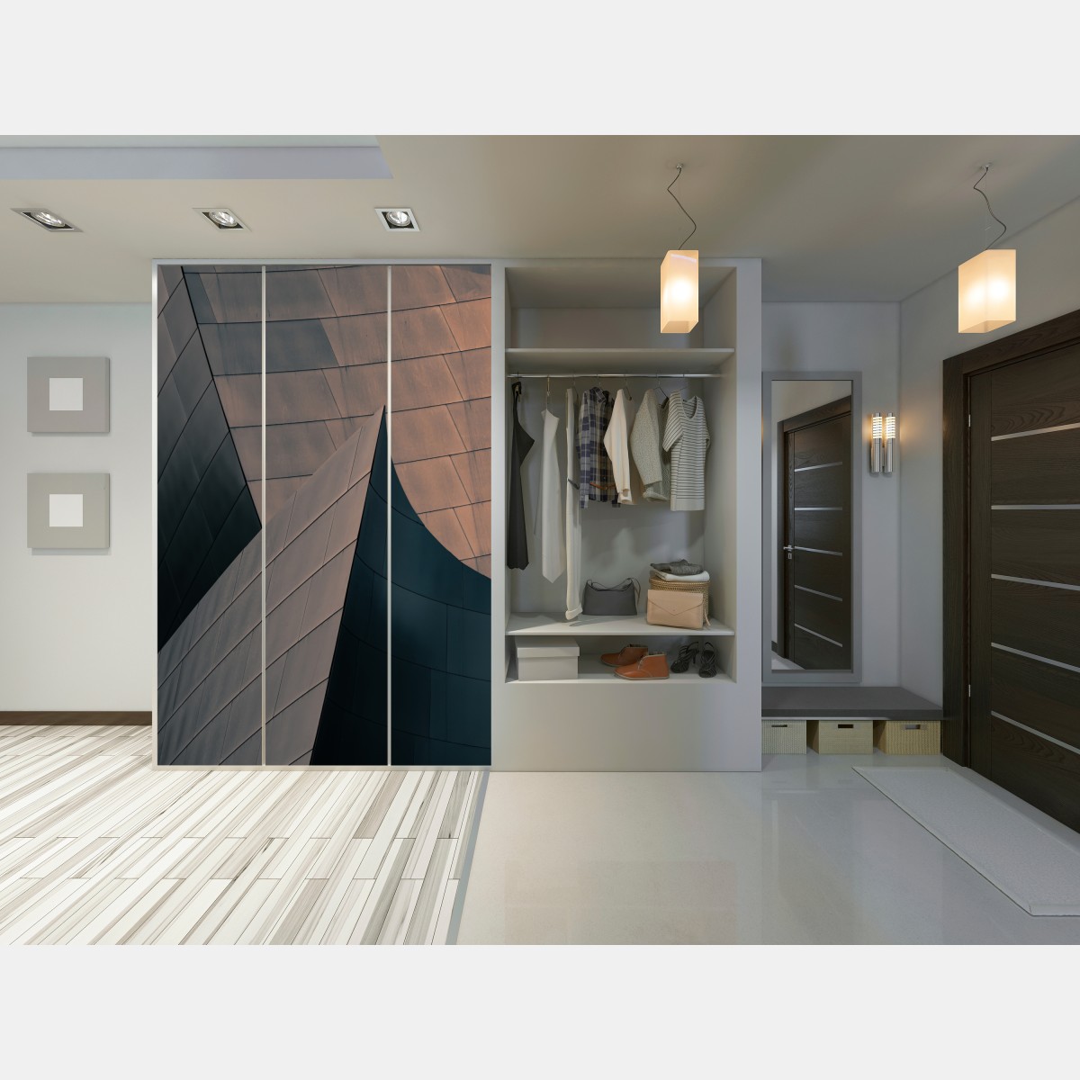 Naklejka na szafę geometryczne formy architektoniczne w metalu – Wallissimo® Naklejka na szafę geometryczne formy architektoniczne w metalu – Wallissimo®