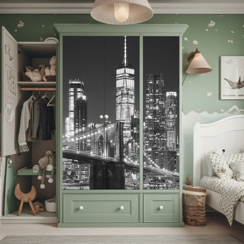 Naklejka na szafę most Brooklyński i panorama Manhattanu nocą – Wallissimo® Naklejka na szafę most Brooklyński i panorama Manhattanu nocą – Wallissimo®