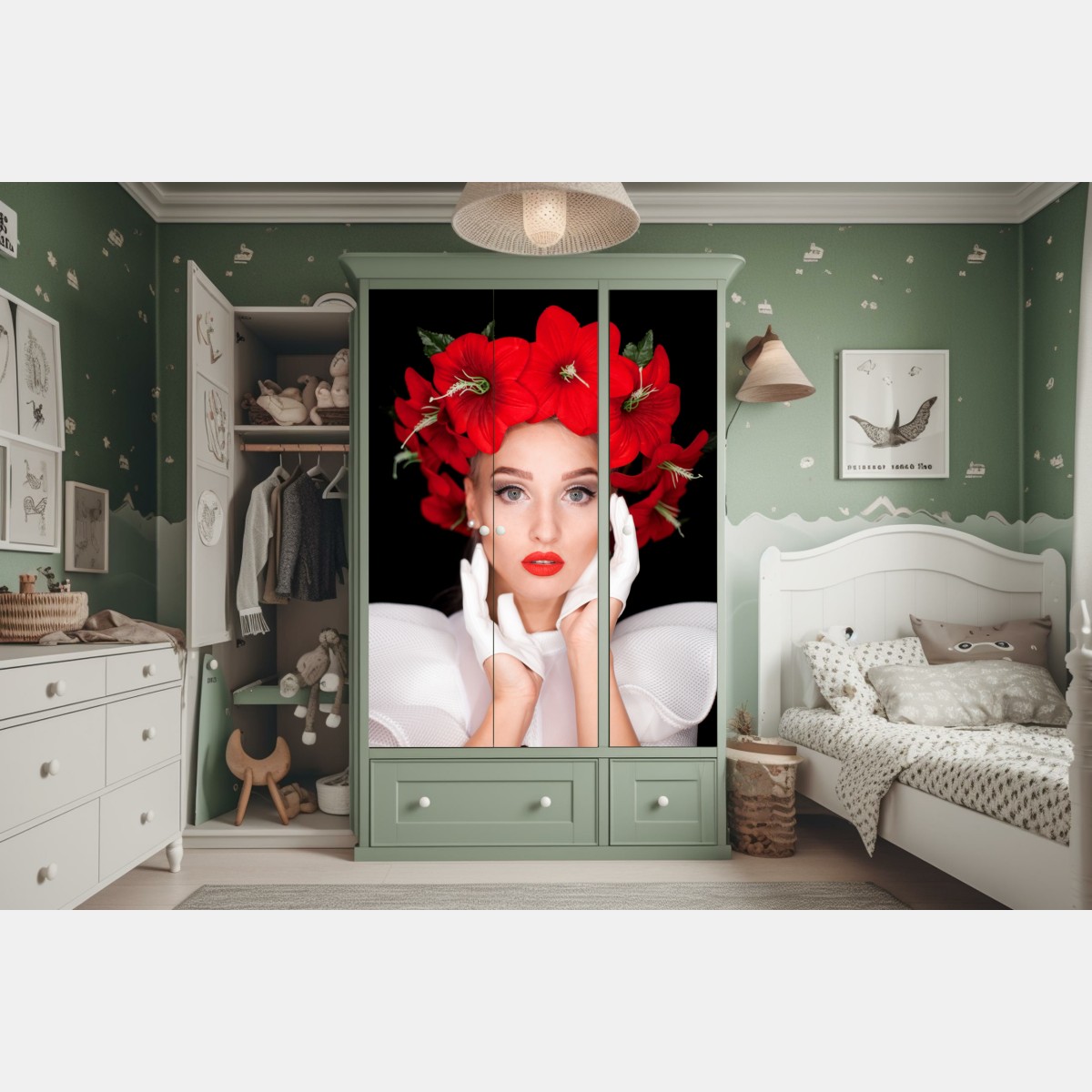 Naklejka na szafę elegancki portret z wiankiem z czerwonych kwiatów – Wallissimo® Naklejka na szafę elegancki portret z wiankiem z czerwonych kwiatów – Wallissimo®