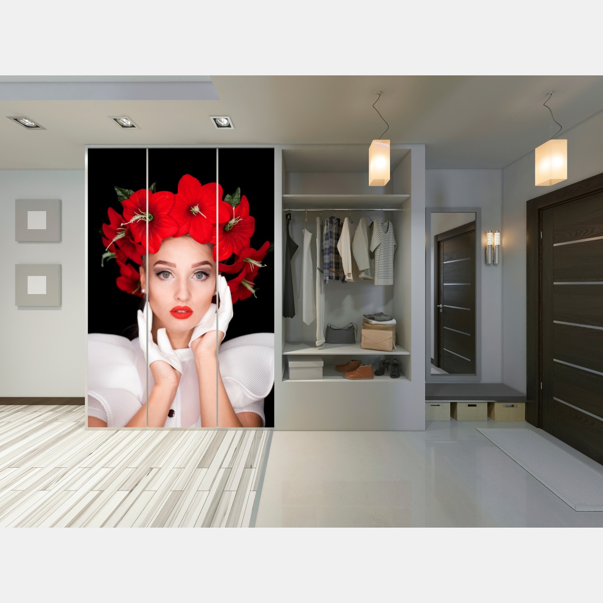 Naklejka na szafę elegancki portret z wiankiem z czerwonych kwiatów – Wallissimo® Naklejka na szafę elegancki portret z wiankiem z czerwonych kwiatów – Wallissimo®