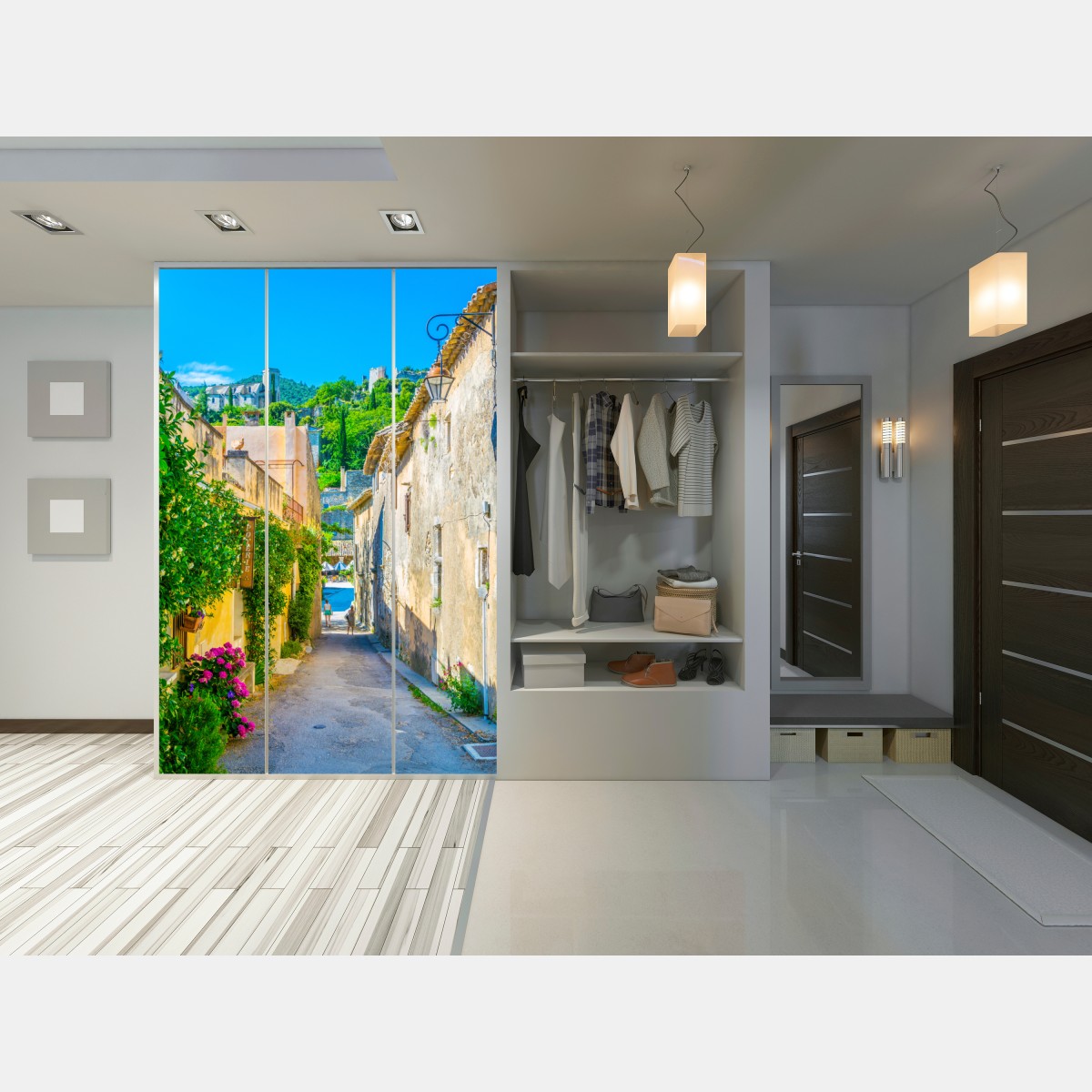 Naklejka na szafę słoneczna uliczka wioski śródziemnomorskiej – Wallissimo® Naklejka na szafę słoneczna uliczka wioski śródziemnomorskiej – Wallissimo®