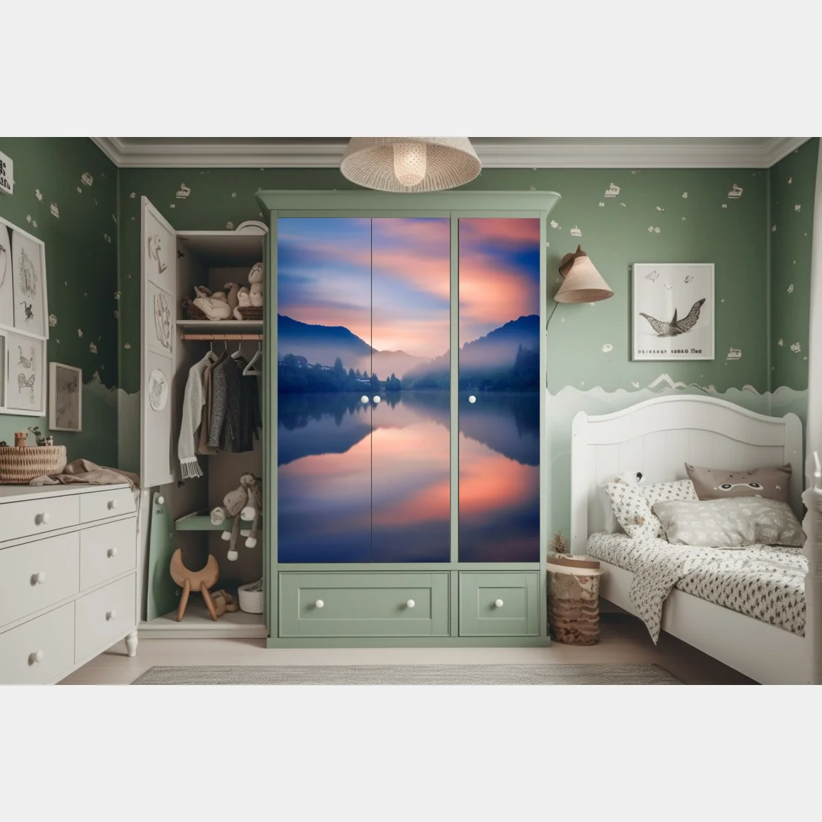 Naklejka na szafę mglisty górski poranek nad jeziorem – Wallissimo® Naklejka na szafę mglisty górski poranek nad jeziorem – Wallissimo®