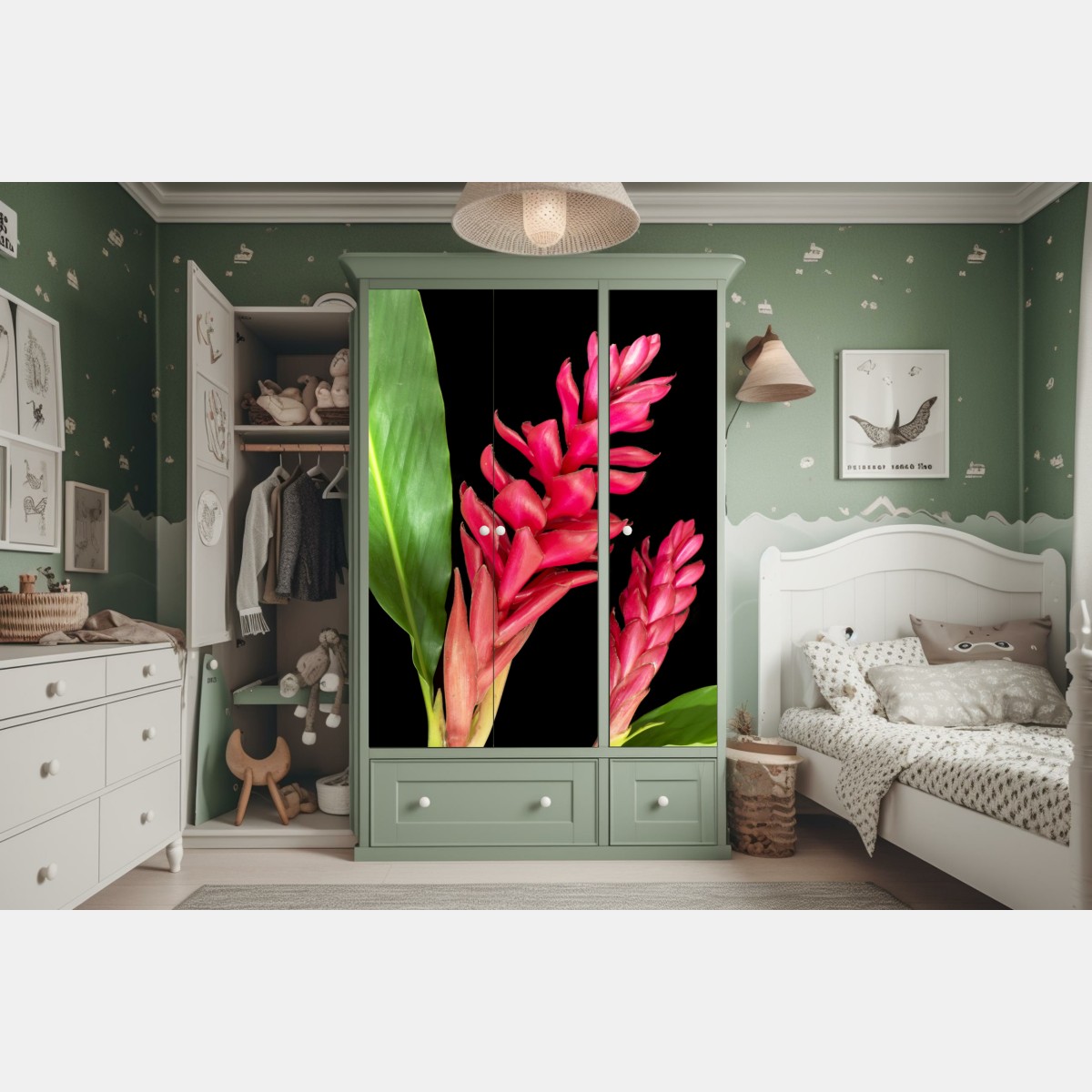 Naklejka na szafę żywy kwiat ognia na czarnym tle – Wallissimo® Naklejka na szafę żywy kwiat ognia na czarnym tle – Wallissimo®