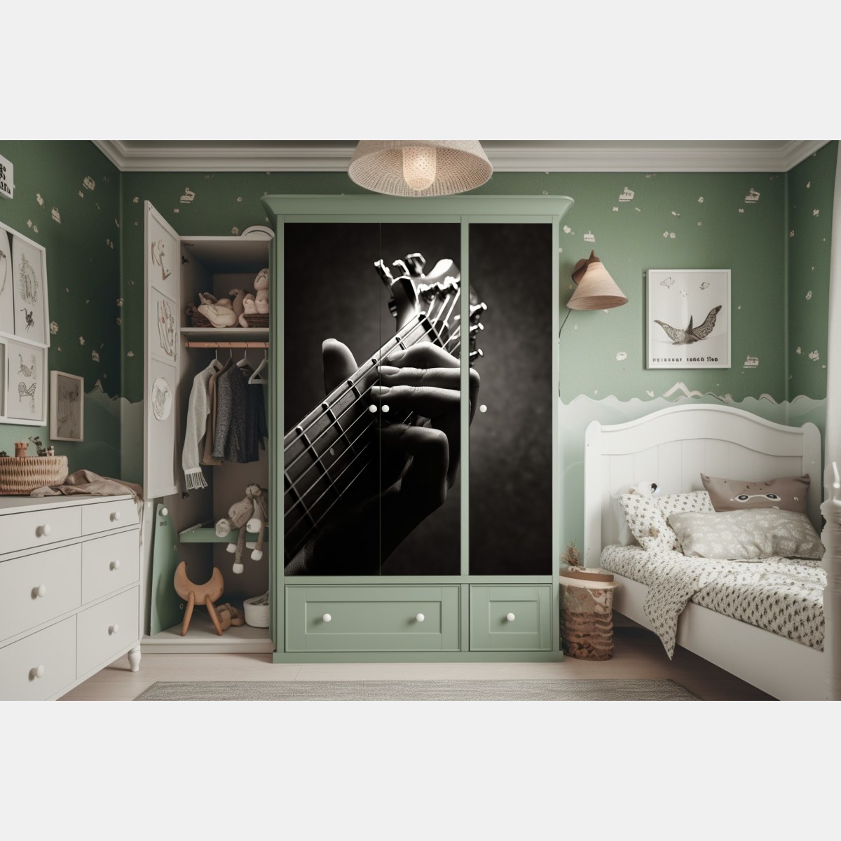 Naklejka na szafę zbliżenie dłoni gitarzysty na gryfie – Wallissimo® Naklejka na szafę zbliżenie dłoni gitarzysty na gryfie – Wallissimo®