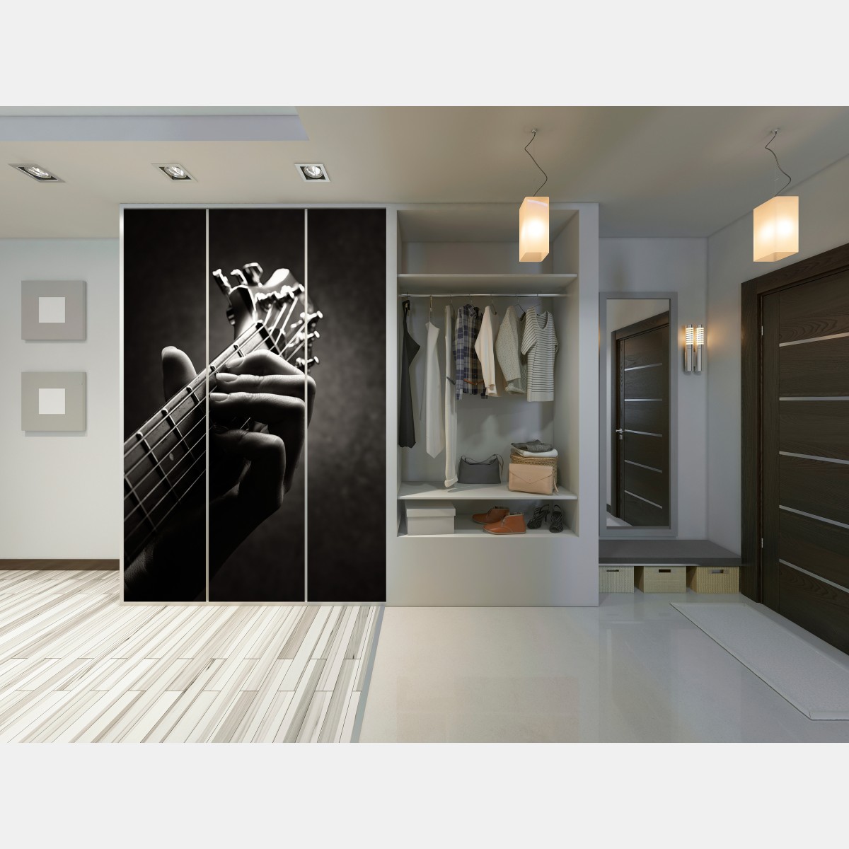 Naklejka na szafę zbliżenie dłoni gitarzysty na gryfie – Wallissimo® Naklejka na szafę zbliżenie dłoni gitarzysty na gryfie – Wallissimo®