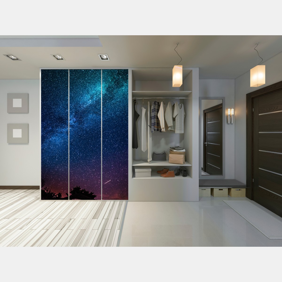 Naklejka na szafę głębokie błękitne nocne niebo z drogą mleczną i spadającą gwiazdą – Wallissimo® Naklejka na szafę głębokie błękitne nocne niebo z drogą mleczną i spadającą gwiazdą – Wallissimo®