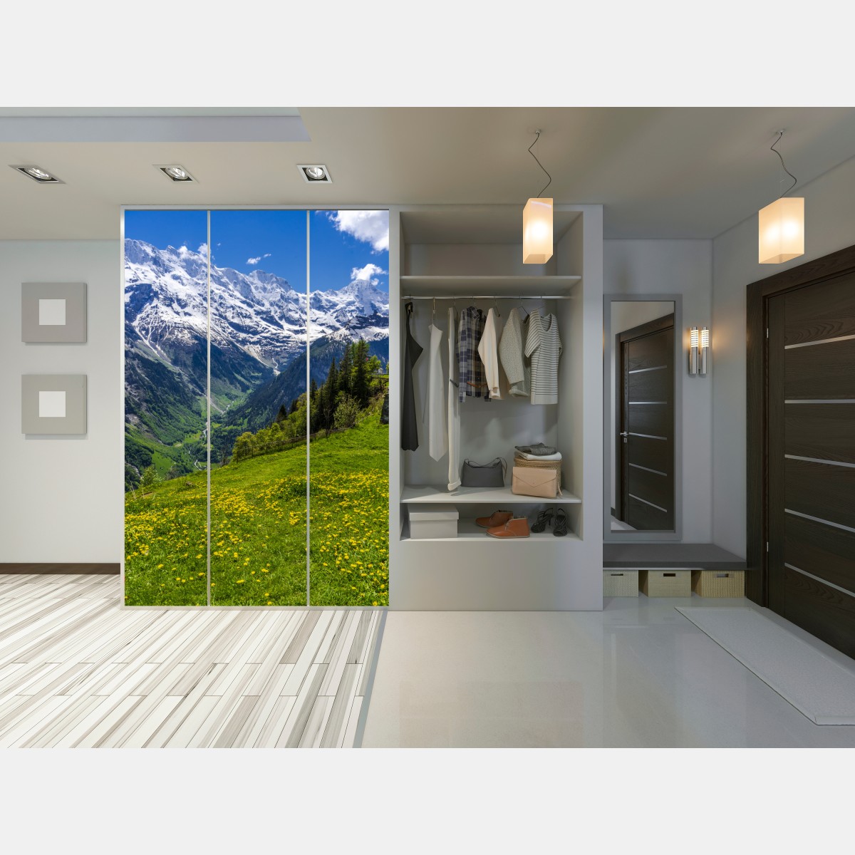 Naklejka na szafę alpejska łąka wiosną pod ośnieżonymi szczytami – Wallissimo® Naklejka na szafę alpejska łąka wiosną pod ośnieżonymi szczytami – Wallissimo®