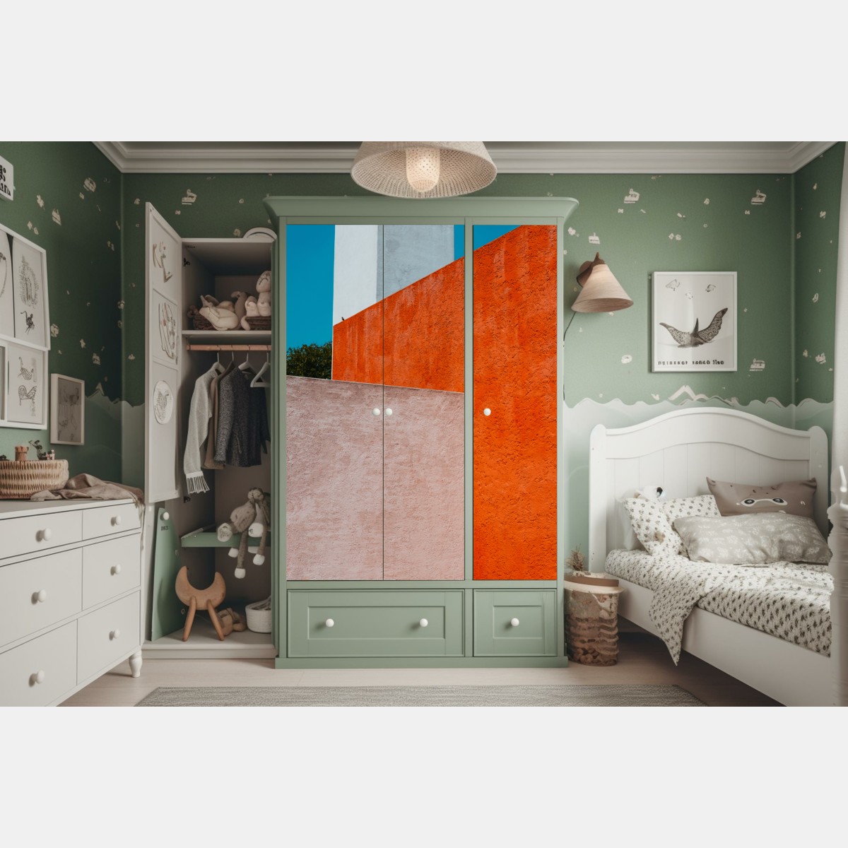 Naklejka na szafę odważna geometryczna elewacja w pomarańczy i turkusie – Wallissimo® Naklejka na szafę odważna geometryczna elewacja w pomarańczy i turkusie – Wallissimo®