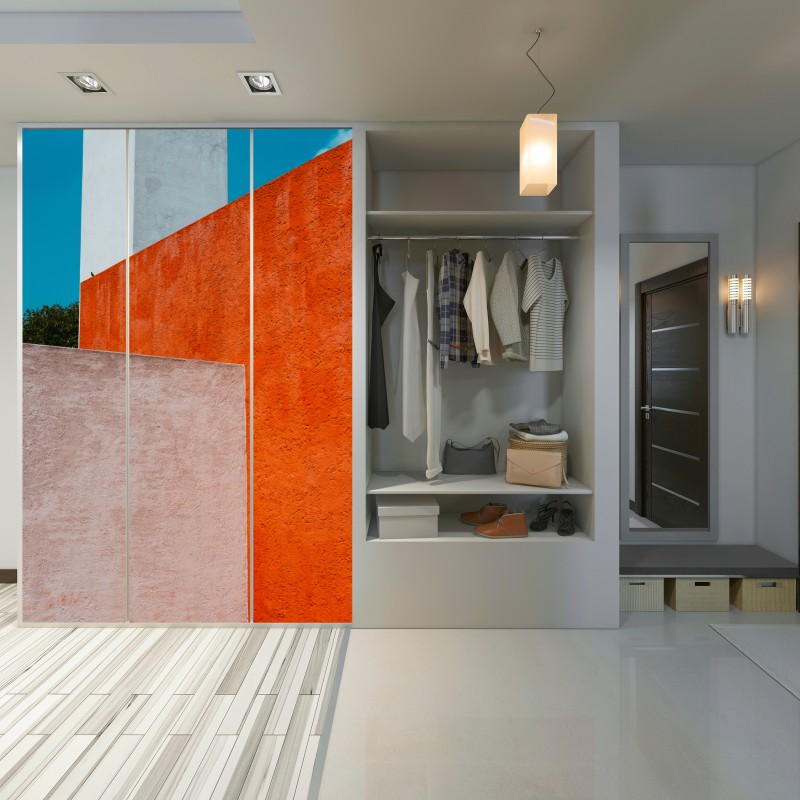 Naklejka na szafę odważna geometryczna elewacja w pomarańczy i turkusie – Wallissimo® Naklejka na szafę odważna geometryczna elewacja w pomarańczy i turkusie – Wallissimo®