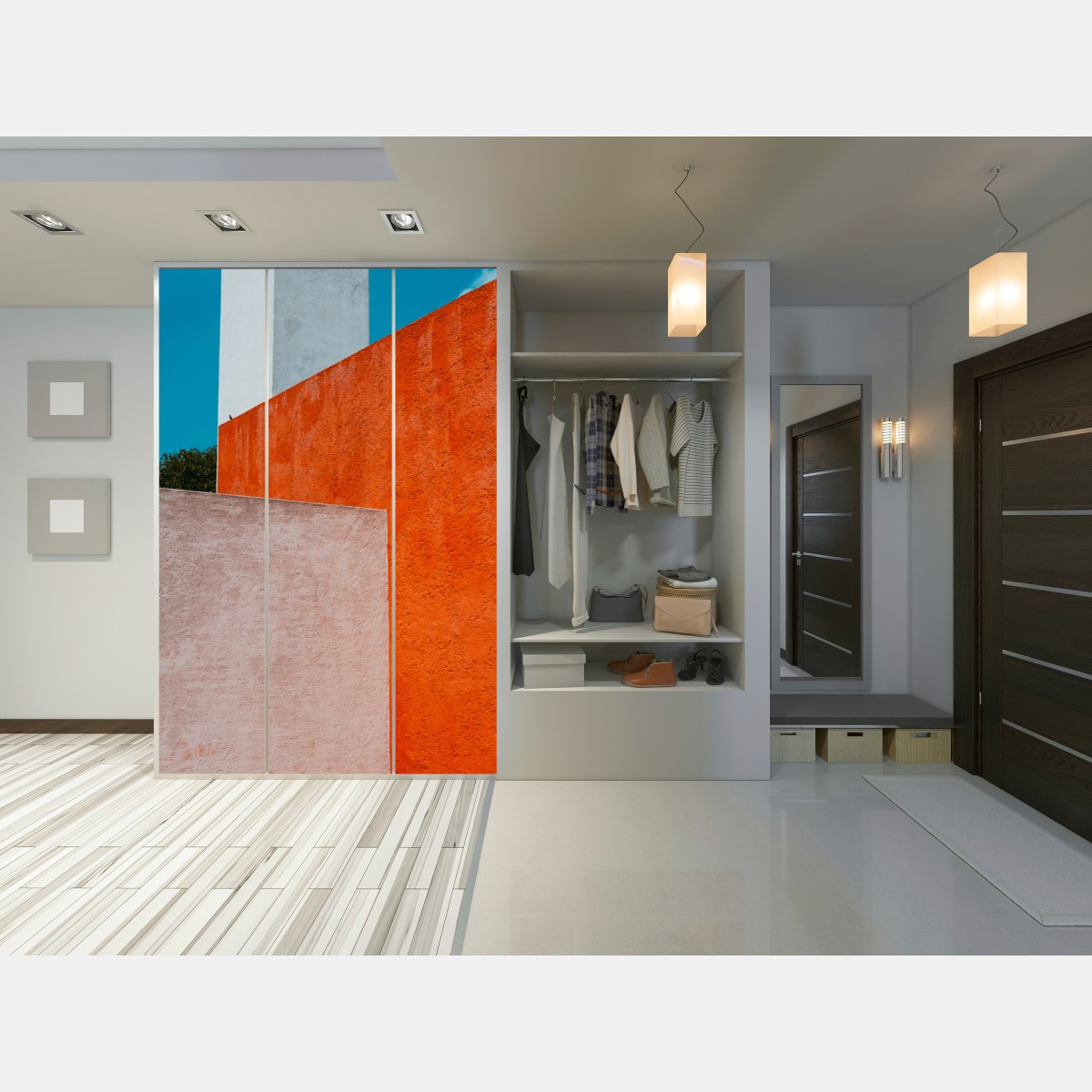 Naklejka na szafę odważna geometryczna elewacja w pomarańczy i turkusie – Wallissimo® Naklejka na szafę odważna geometryczna elewacja w pomarańczy i turkusie – Wallissimo®