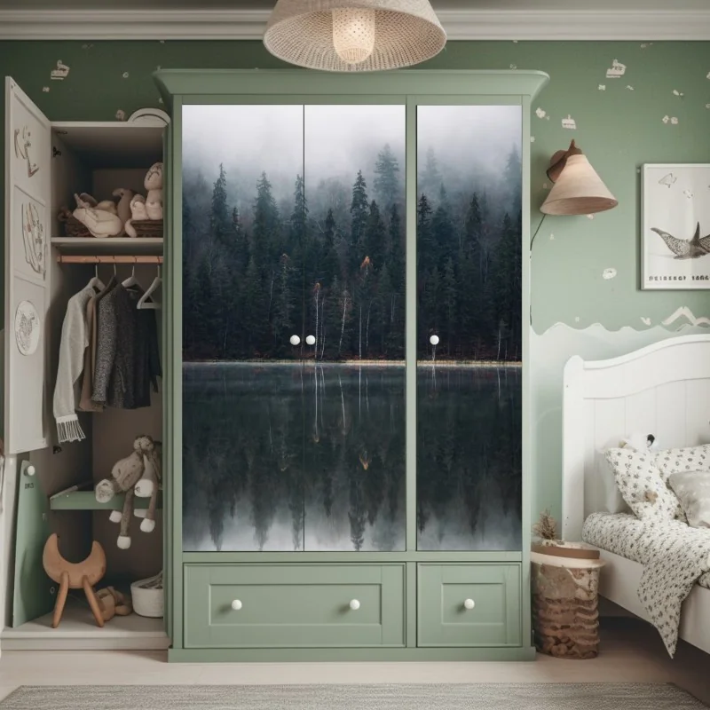 Naklejka na szafę mglista refleksja w lesie – Wallissimo® Naklejka na szafę mglista refleksja w lesie – Wallissimo®