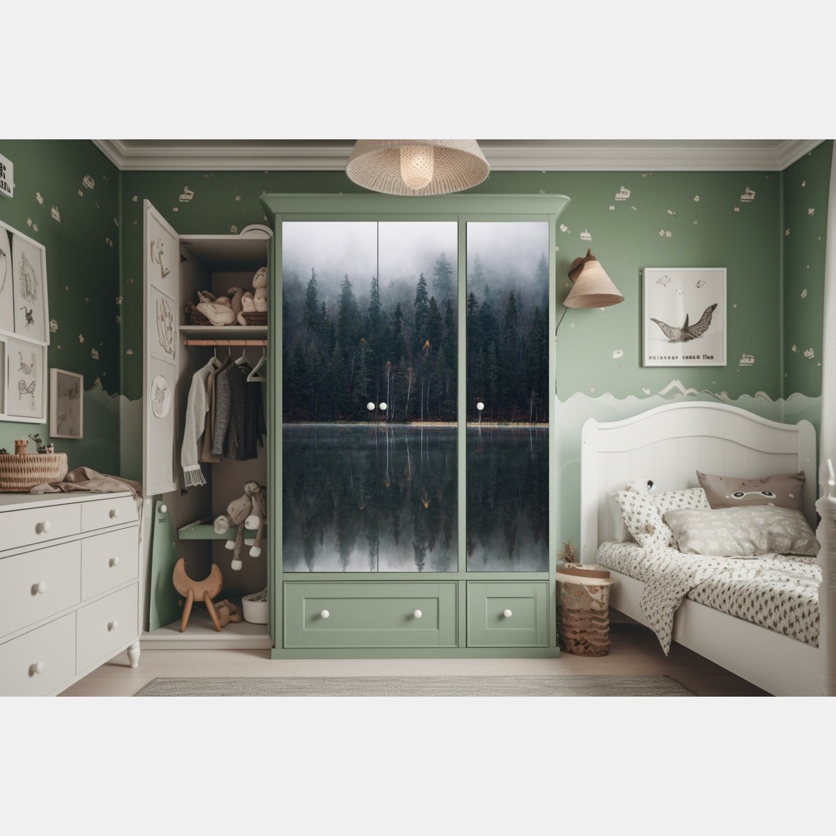 Naklejka na szafę mglista refleksja w lesie – Wallissimo® Naklejka na szafę mglista refleksja w lesie – Wallissimo®