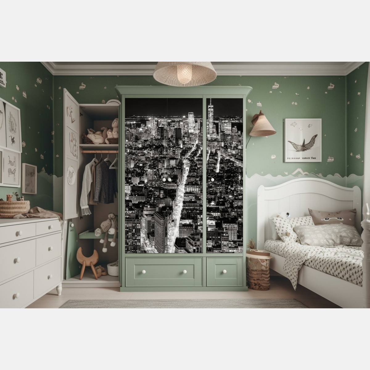 Naklejka na szafę monochromatyczna panorama miasta nocą – Wallissimo® Naklejka na szafę monochromatyczna panorama miasta nocą – Wallissimo®