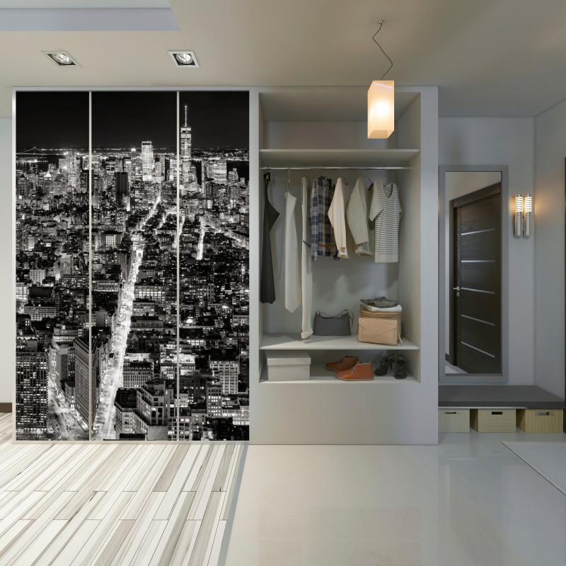 Naklejka na szafę monochromatyczna panorama miasta nocą – Wallissimo® Naklejka na szafę monochromatyczna panorama miasta nocą – Wallissimo®